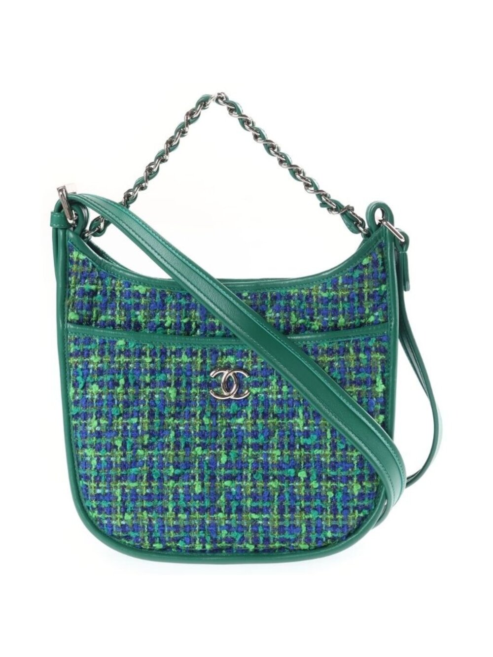 Chanel Quilted Hobo Shoulder Bag Tweed Leather Green Blue Silver